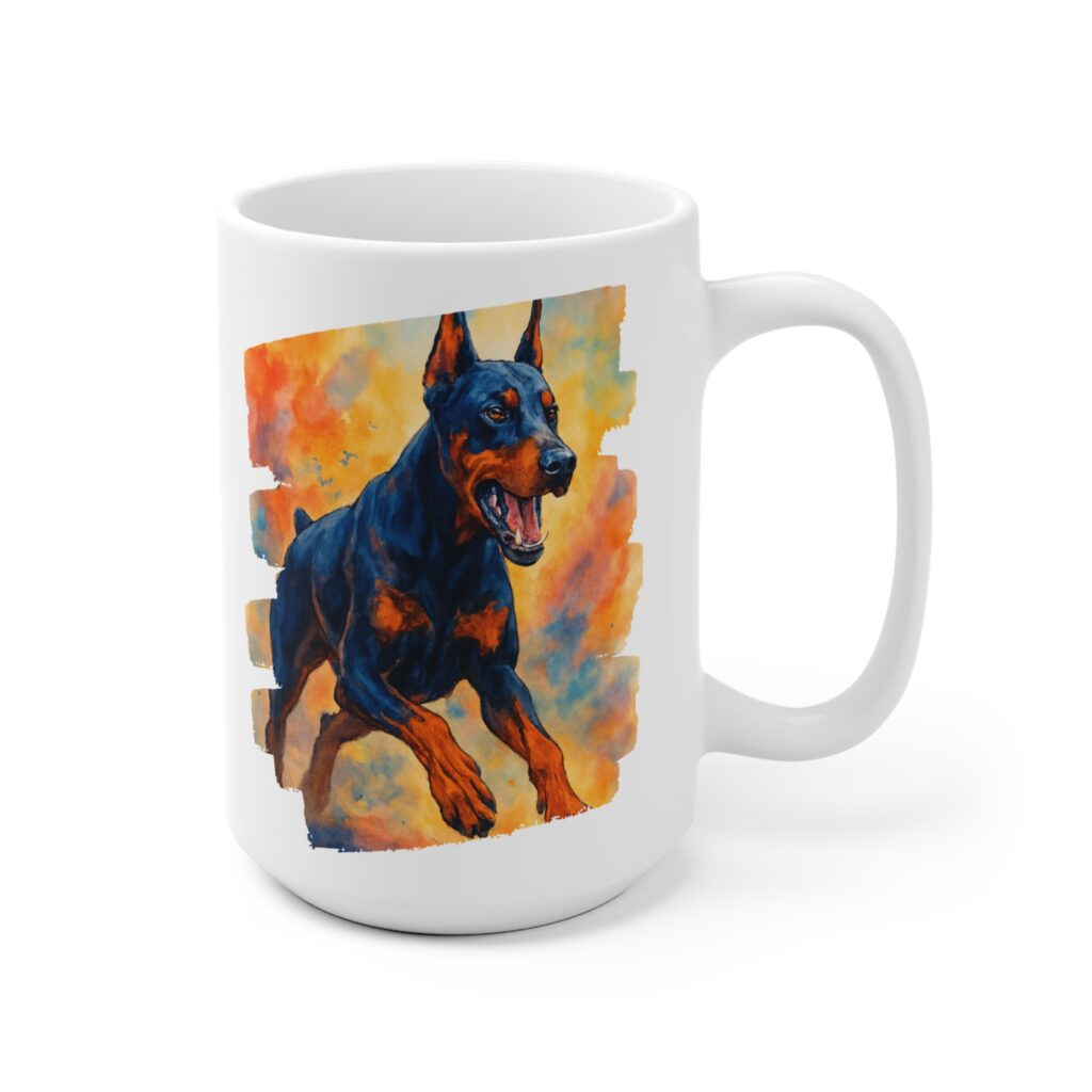 Bold Brave Doberman Ceramic Mug — Charging Protective Watercolor Design