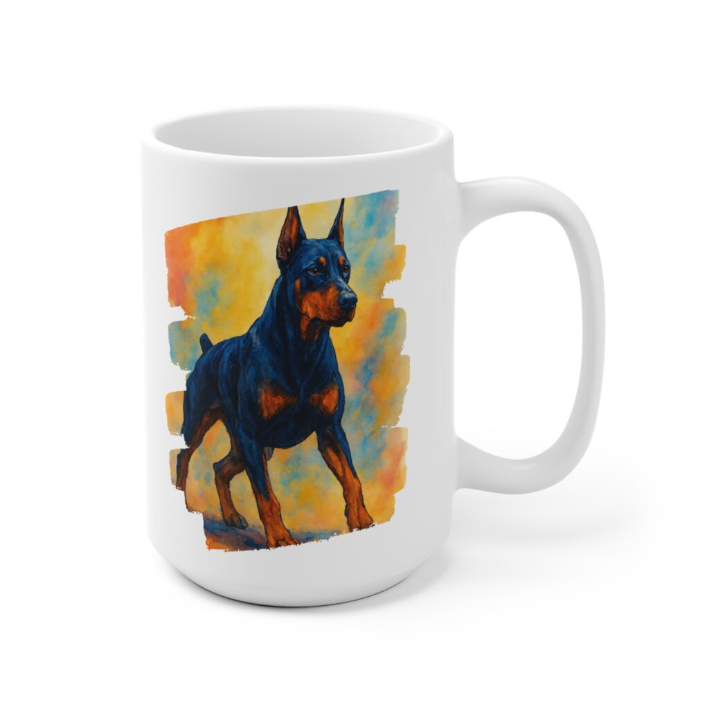 Doberman Art Ceramic Mug — Colorful Watercolor Dog Portrait Coffee Cup