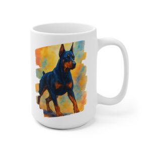 Doberman Art Ceramic Mug — Colorful Watercolor Dog Portrait Coffee Cup