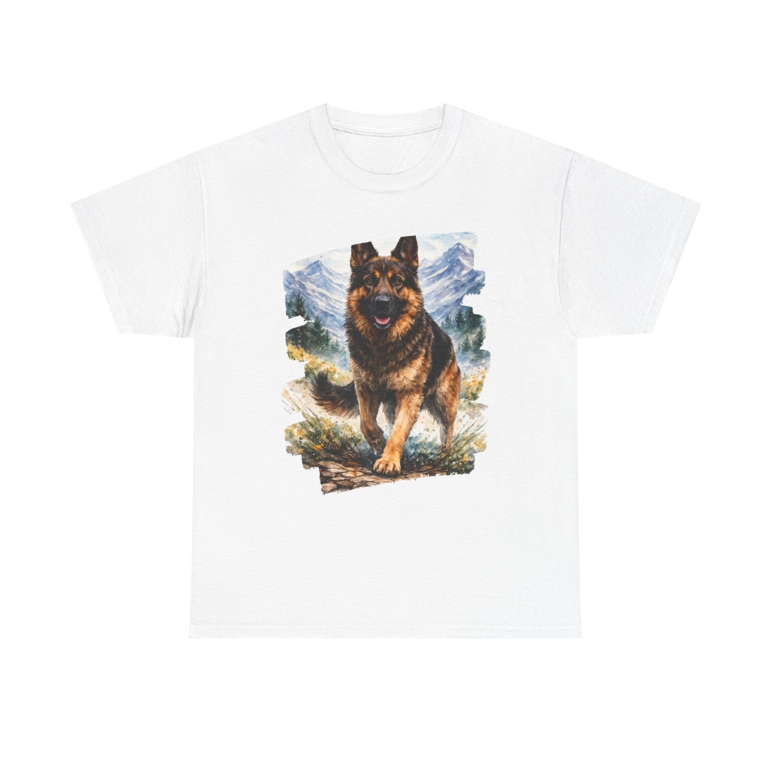 German Shepherd Watercolour Mountain Scene Tee : Dog Lover T-Shirt
